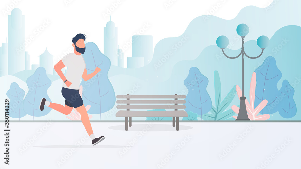 The guy runs through the park. Morning run. The concept of sport and healthy lifestyle. Vector.