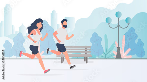 A guy and a girl are running around the park. Morning run. The concept of sport and healthy lifestyle. Vector.