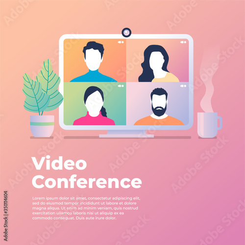 Colleagues talk to each other on the computer screen. Conference video call, working from home.