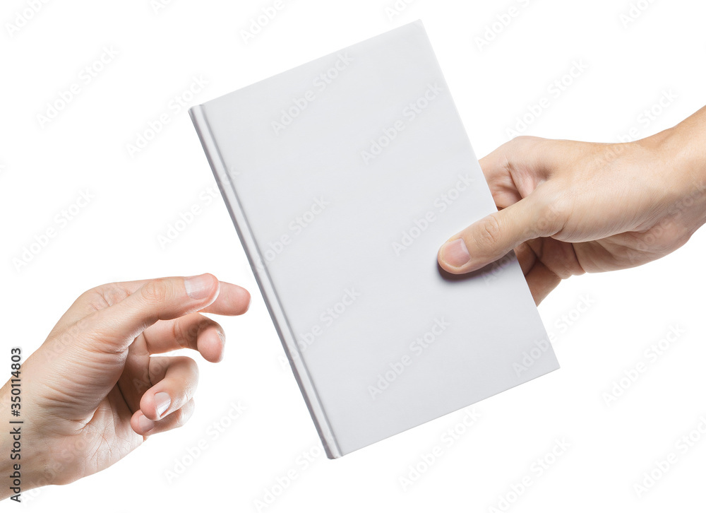 Hands sharing blank book, isolated on white background Hands sharing blank book, isolated on white background