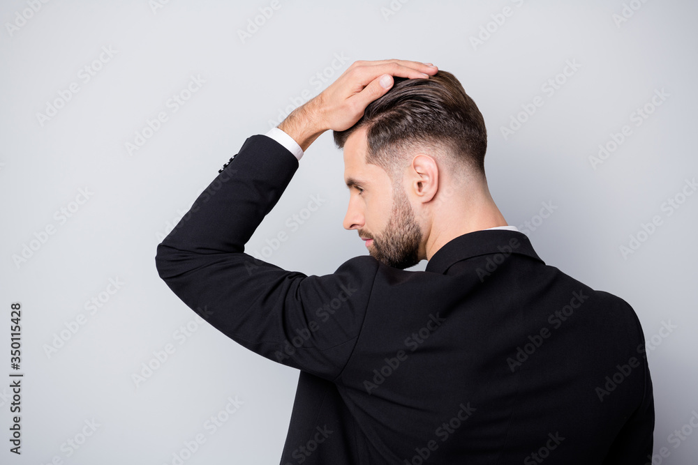 Back rear profile side photo of serious gorgeous entrepreneur have partnership meeting touch hair expert salon anti dander haircare procedure wear black jacket isolated grey color background Back rear profile side photo of serious gorgeous entrepreneur have partnership meeting touch hair expert salon anti dander haircare procedure wear black jacket isolated grey color background