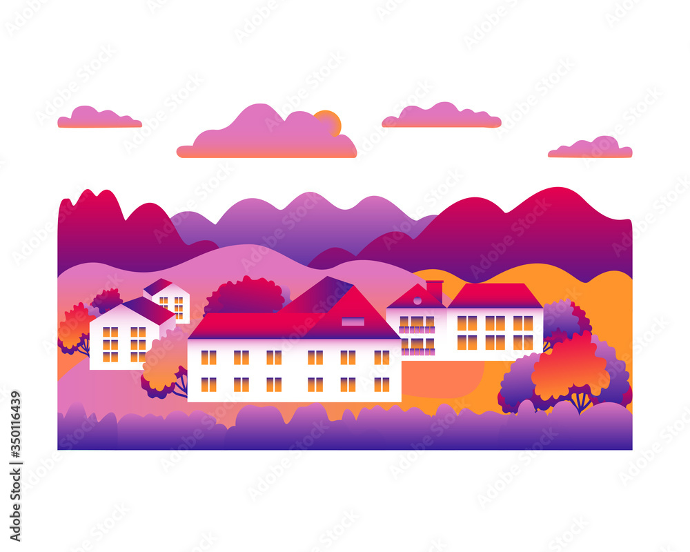 City landscape isolated on white background in flat style design icons. Nature with house, building, street, trees, cloud, hills, montains cartoon vector illustration. Pink purple orange colors