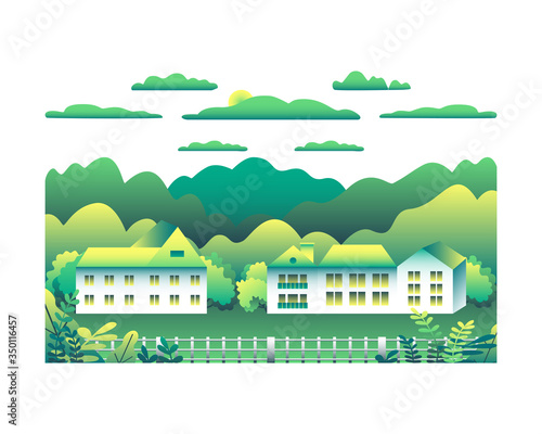 City landscape isolated on white background in flat style design icons. Nature with house, building, street, trees, cloud, hills, montains cartoon vector illustration. Green yellow colors