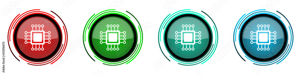 Circuit round glossy vector icons, technology, chip, processor set of buttons for webdesign, internet and mobile phone applications in four colors options isolated on white background Circuit round glossy vector icons, technology, chip, processor set of buttons for webdesign, internet and mobile phone applications in four colors options isolated on white background