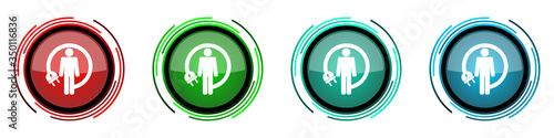 Android charging wire round glossy vector icons, humanoid robot set of buttons for webdesign, internet and mobile phone applications in four colors options isolated on white background