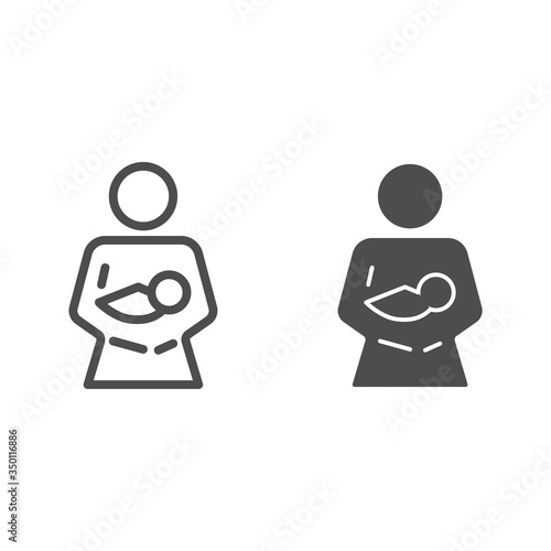 Mom and baby line and solid icon, maternity concept, Mother holding baby with her arms vector sign on white background, Breast-feeding symbol in outline style for mobile concept and web design.