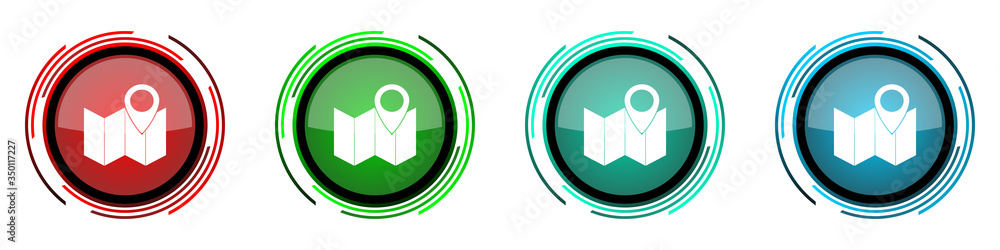 Marker round glossy vector icons, map, location and travel set of buttons for webdesign, internet and mobile phone applications in four colors options isolated on white background Marker round glossy vector icons, map, location and travel set of buttons for webdesign, internet and mobile phone applications in four colors options isolated on white background