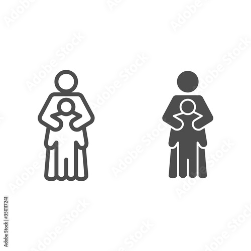 Mom protecting her child line and solid icon, 1st June children protection day concept, mother hugs son vector sign on white background, mother care about her child icon outline style for mobile, web.