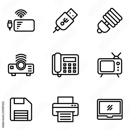 Electronic And Appliance icon set include power bank,port,lamp,Projector,telephone,television,floppy disc,printer,laptop