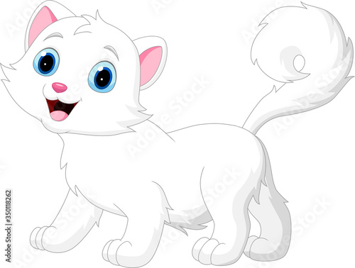 Cartoon funny white cat isolated on white background