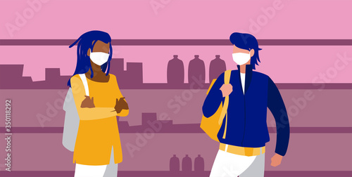 Men with masks in the supermarket in front of shelves vector design