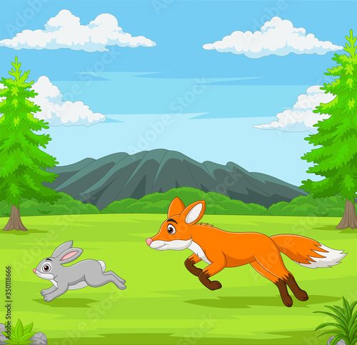 The fox is chasing a rabbit in an African savanna