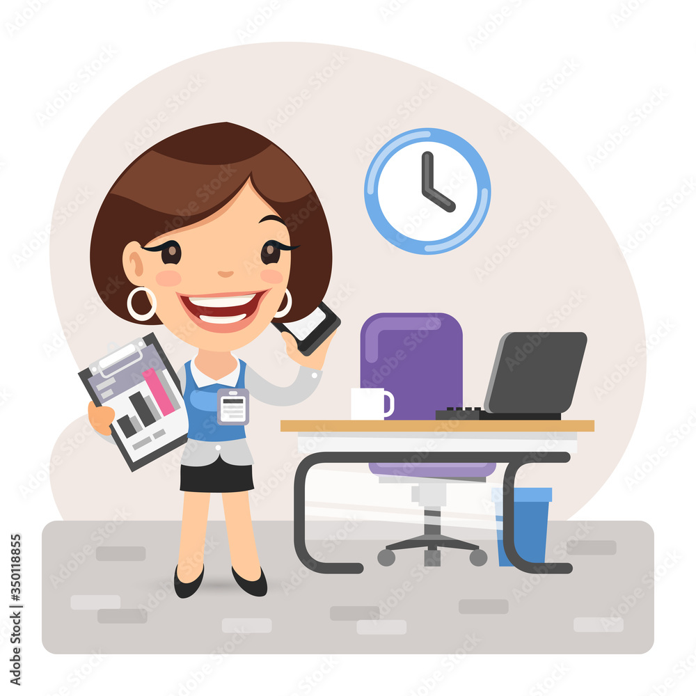 Cartoon businesswoman manager talking on a mobile phone about a work task. Composition with a professional. Flat female character.