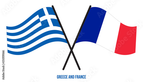 Greece and France Flags Crossed And Waving Flat Style. Official Proportion. Correct Colors