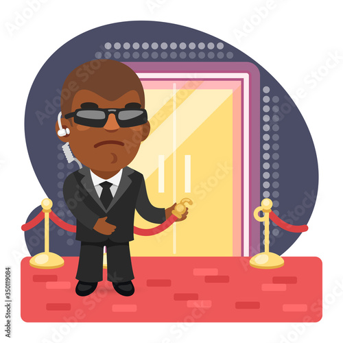 Cartoon illustration of bouncer invites to enter the nightclub on the red carpet. Composition with a professional. Flat male character.