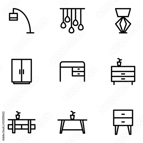 Furniture and decoration icon set include chandelier,table lamp,wardrobe,desk,decoration,cabinet