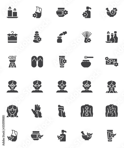 Spa salon vector icons set, Wellness modern solid symbol collection, filled style pictogram pack. Signs, logo illustration. Set includes icons as massage, essential oil, stone therapy, aromatherapy