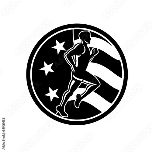Marathon Runner Running USA Flag Black and White
