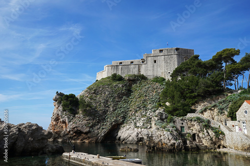 Exterior architecture and design of Fort Lovrijenac  St. Lawrence Fortress   often called  Dubrovnik s Gibraltar  a theater outside the western wall of the city of Croatia with view of Adriatic sea