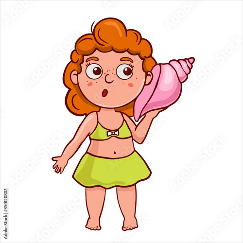 Simple flat illustration of a girl with a shell. 