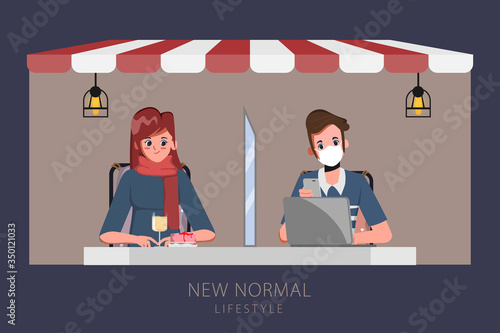 People maintain social distancing. Restaurant social distancing. New normal lifestyle in job. Food and drink cafe.