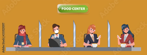 People maintain social distancing. Food center or canteen social distancing. New normal lifestyle in job. Food and drink cafe.