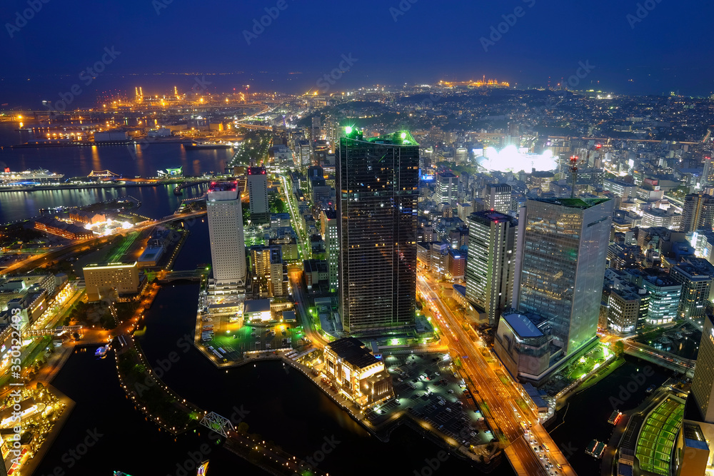 Aerial view of Yokohama city at night, Japan