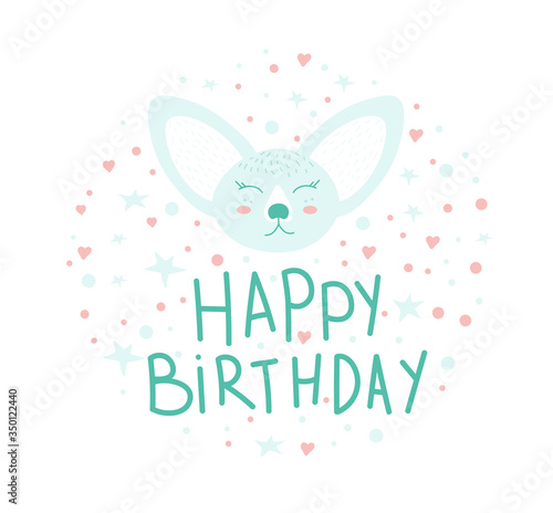 Cute Fennec. Doodle style. Pet. Cartoon character. Blue Fennec in cartoon style. Vector isolated illustration with an animal. Congratulations on the Birthday. Printing on postcards.
