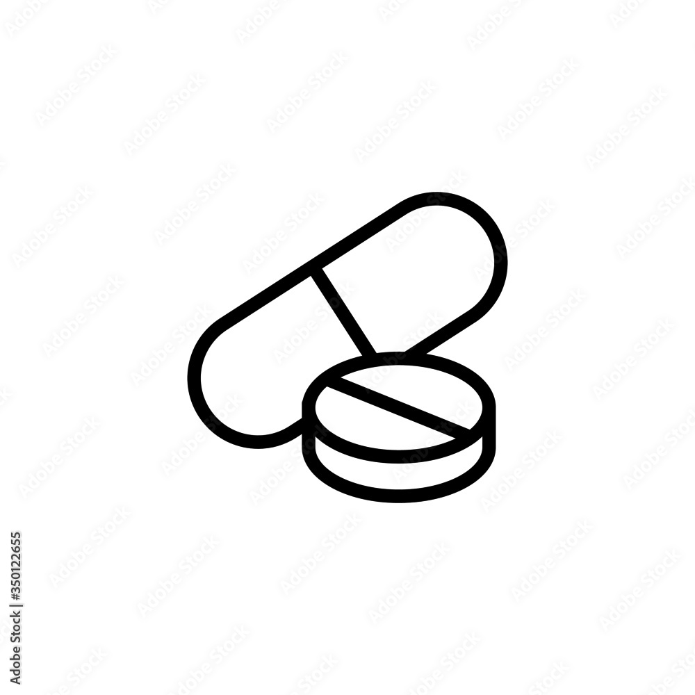Medical pill icon vector in linear, outline style design isolated on white background, icon illustration, eps 10 Medical pill icon vector in linear, outline style design isolated on white background, icon illustration, eps 10