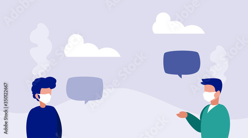 men with medical mask, precautions by coronavirus, social distancing