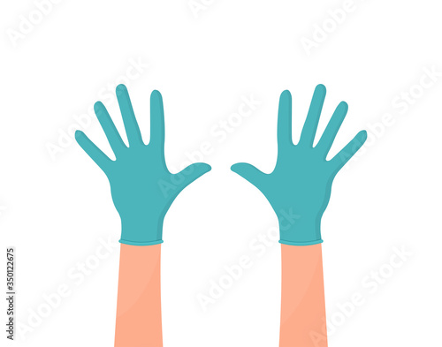 Hands putting on protective blue gloves. Latex gloves as a symbol of protection against viruses and bacteria. Precaution icon. Vector illustration flat design. Isolated on white background.