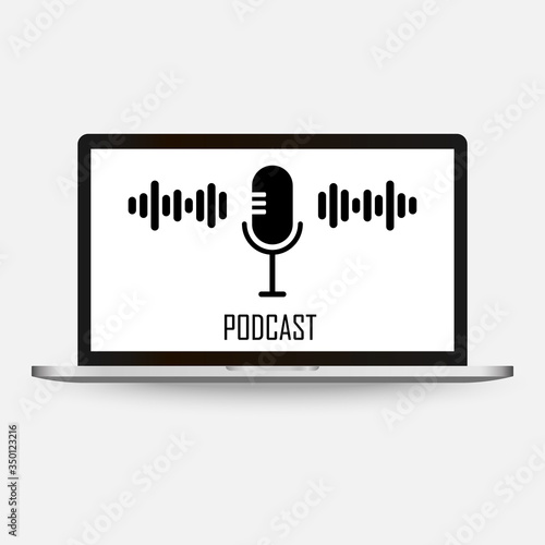 Podcasts,radio, online courses. Young people record episodic series of digital audio files, an online show. Large microphone, computer monitor, books. Vector flat characters. Concept illustration.