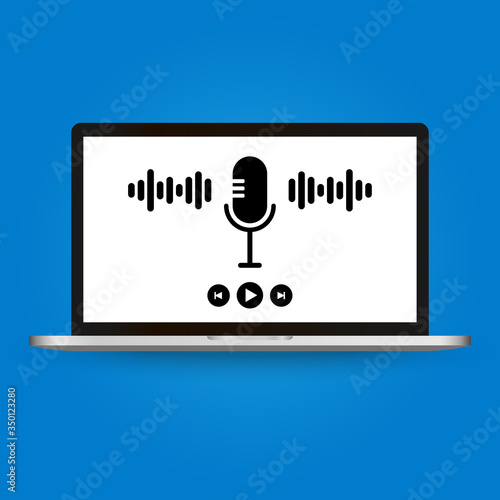 Podcasts,radio, online courses. Young people record episodic series of digital audio files, an online show. Large microphone, computer monitor, books. Vector flat characters. Concept illustration.