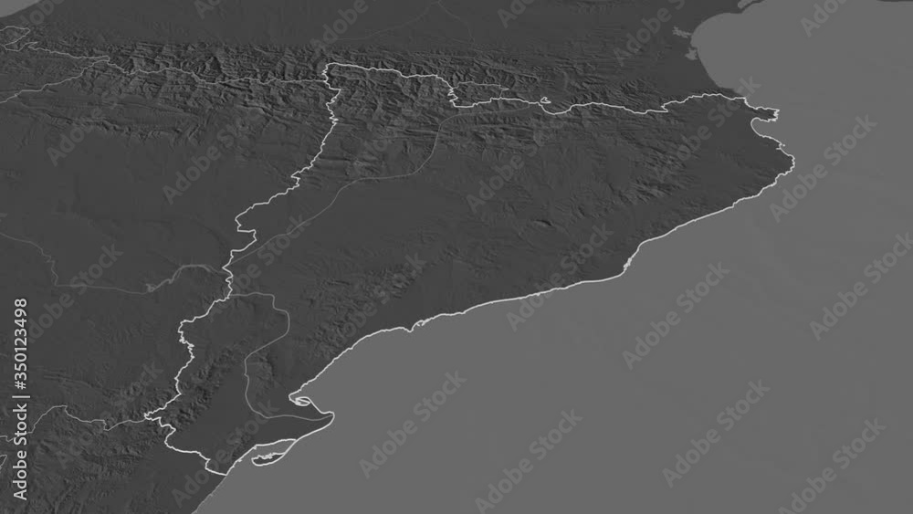 Cataluña, autonomous community with its capital, zoomed and extruded on the bilevel map of Spain in the conformal Stereographic projection. Animation 3D Cataluña, autonomous community with its capital, zoomed and extruded on the bilevel map of Spain in the conformal Stereographic projection. Animation 3D