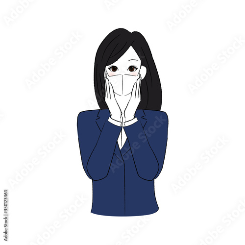 マスクをして頬に両手を添える制服を着た女性