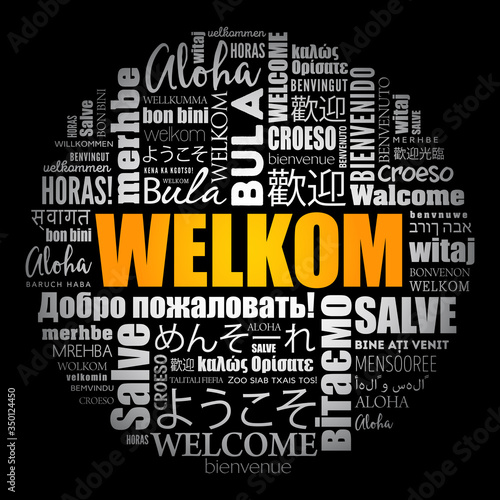 Welkom (Welcome in Afrikaans) word cloud in different languages, conceptual background
