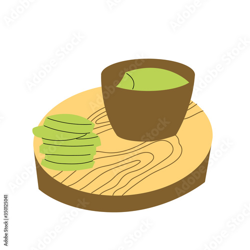 Hand-drawn wooden tray. Delicious souffle and matcha green tea cookies. The concept of healthy eating. Cartoon organic food. Vector illustration isolated on a white background.