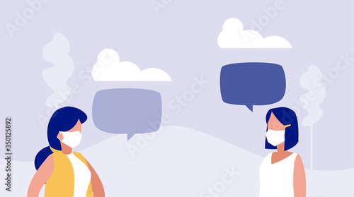 women with medical mask, precautions by coronavirus, social distancing