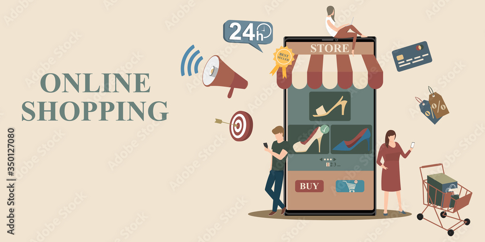 Obraz premium Online shopping concept. People shopping on their mobile phones. People are shopping near big store smart phone. Flat style vector illustration