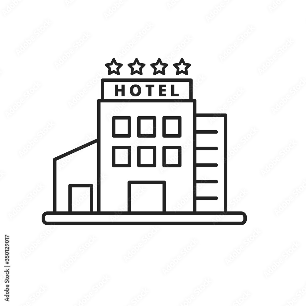 Hotel vector illustration in simple black line design isolated on white background. Hotel icon 