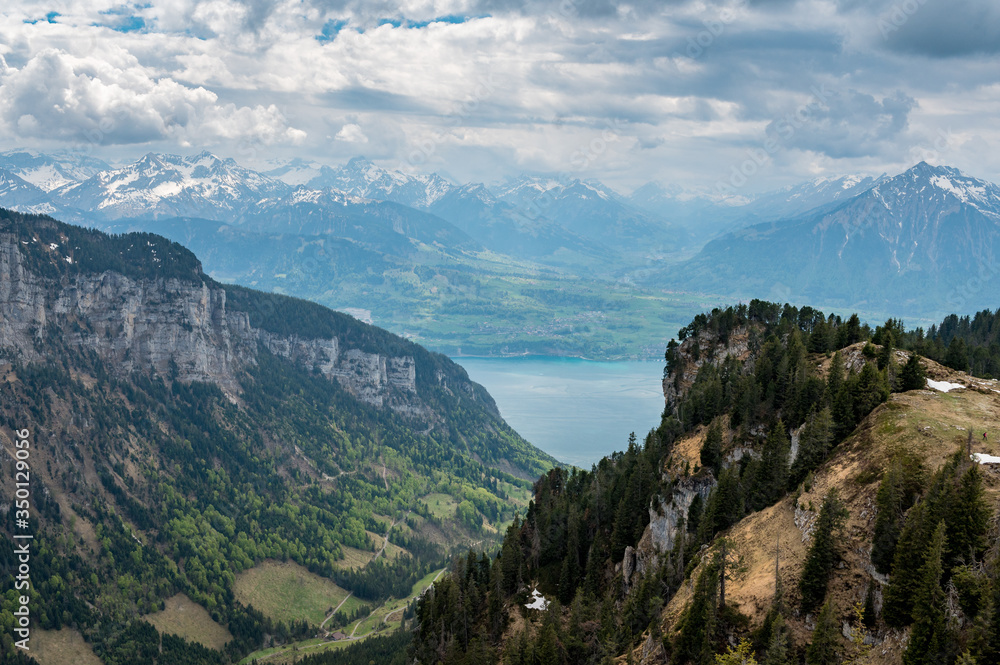 view from Oberbergli at Sigriswiler Grat into Justistal and Lake Thun