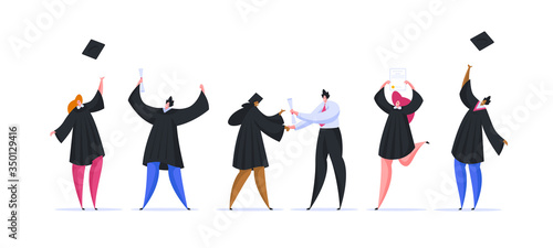 Multiethnic people graduating from university. Flat cartoon people vector illustration
