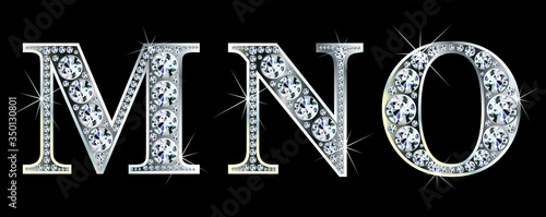 Diamond alphabet letters. Stunning beautiful MNO jewelry set in gems and silver. Vector eps10 illustration.