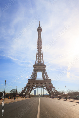 Beautiful cityscape urban street view of the Eiffel tower in Paris  France  on a spring day