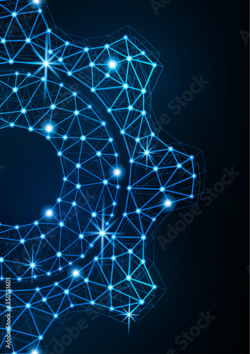 Glowing gear icon with glare effect on a black background with backlight. Grid gear icon shiny polygon mesh frame. Vector.