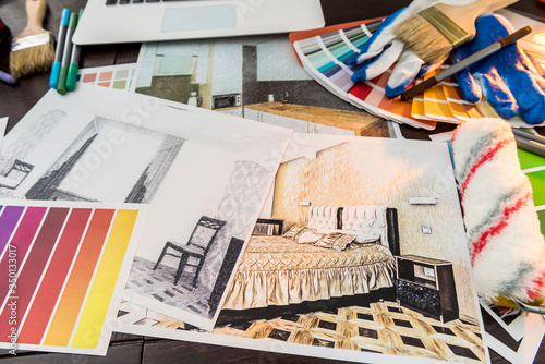 All for house creative workday color swatch and notebook house sketch paint brush. Architecture decoration concept