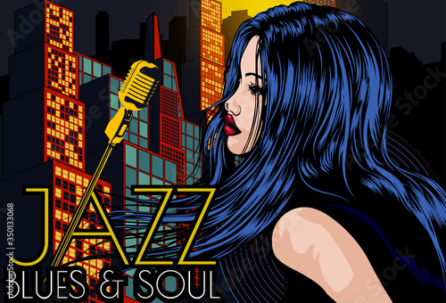 Poster with lights big night city, woman singer and moon. Red dress on woman. Retro microphone. Jazz, soul and blues live music party.