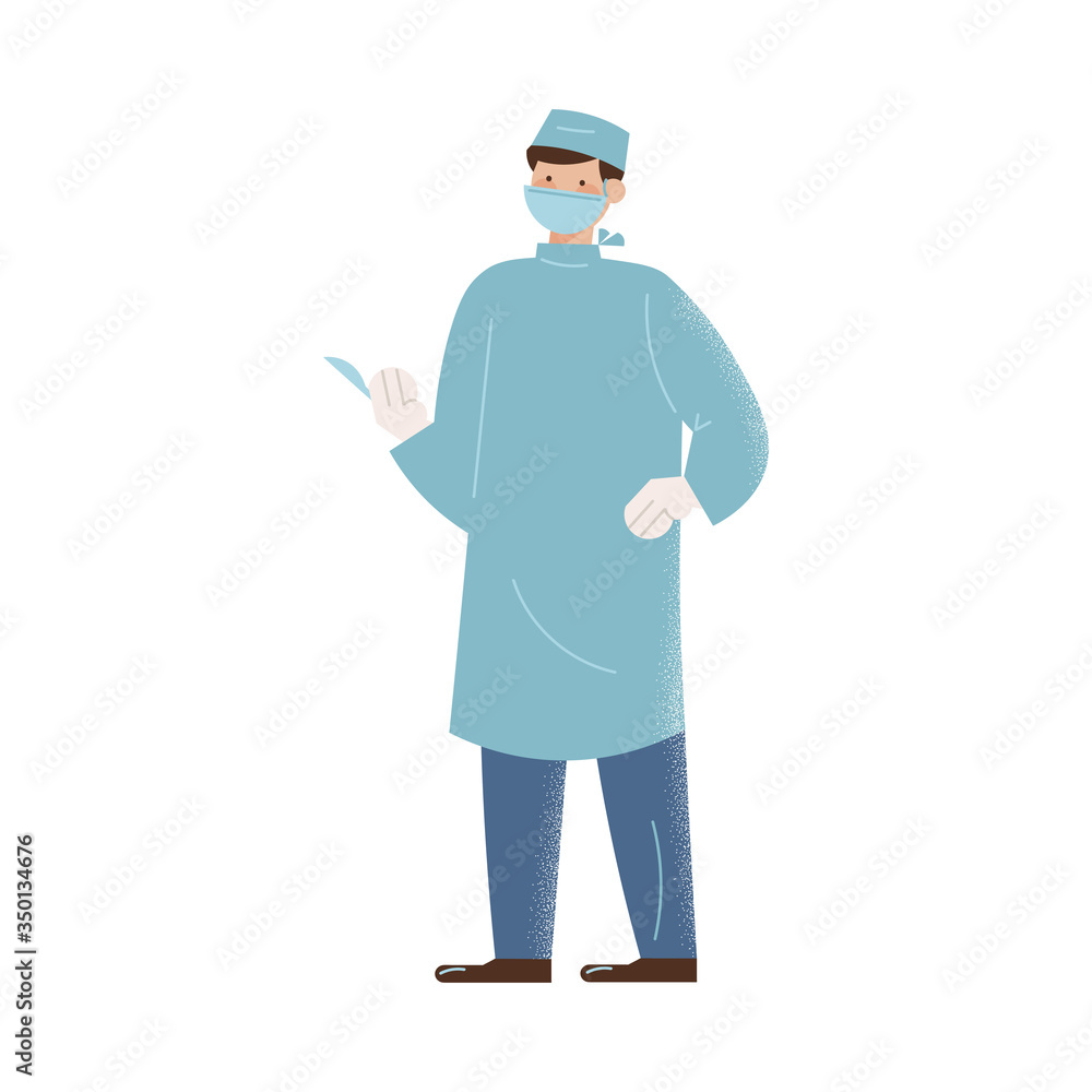 Young man surgeon in uniform and protective mask working during coronavirus pandemic Young man surgeon in uniform and protective mask working during coronavirus pandemic