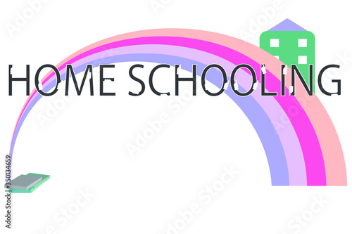 Rainbow logo, picture of the house, text, learning at home
