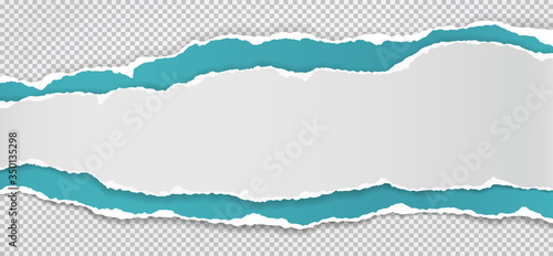 Torn, ripped pieces of horizontal white and blue paper with soft shadow are on squared grey background for text. Vector illustration